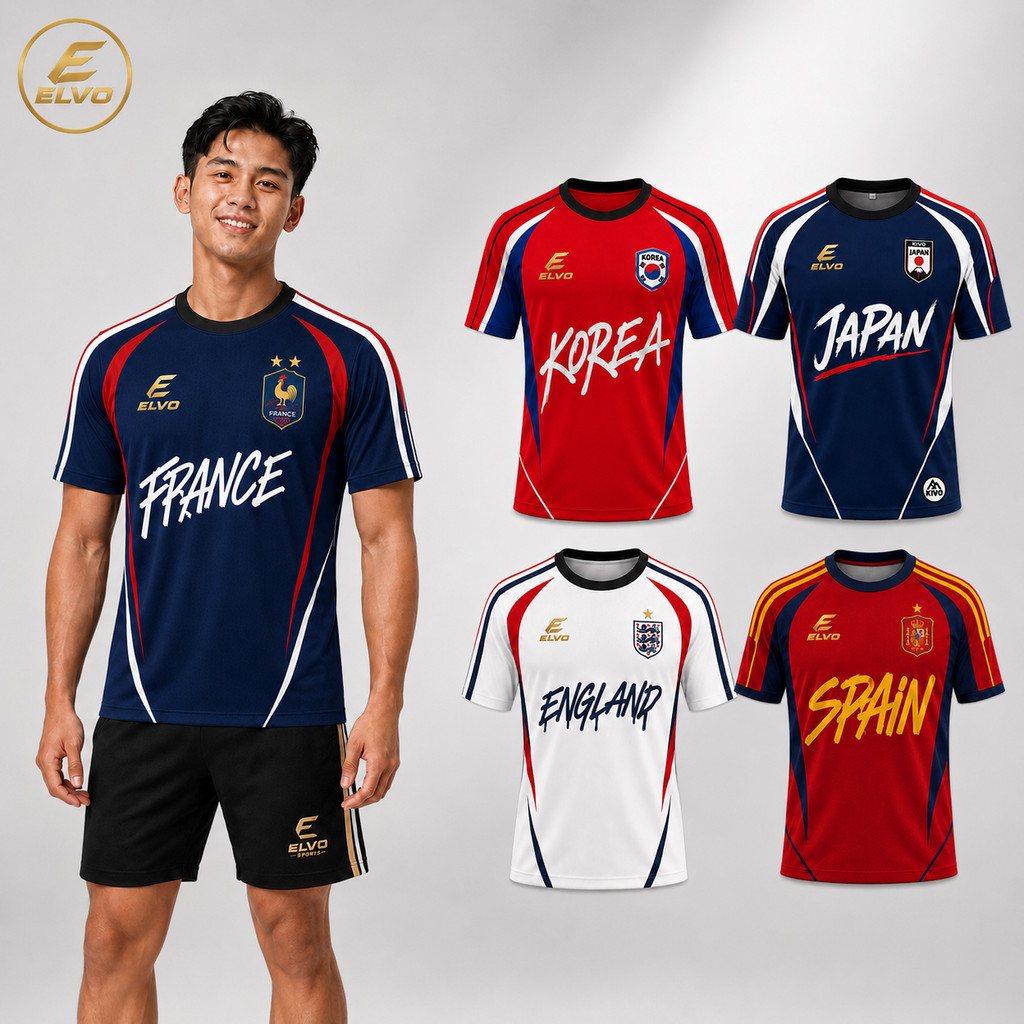ELVO Jersey Bola Pria Dewasa Premium Dry Fit Quick Dry - Kaos Sepak Bola Timnas France Korea Jepang 