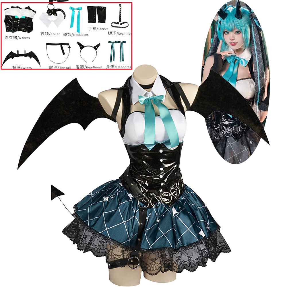 Women Sexy Demon Miku Cosplay Costumes Anime Devil Hatsune Cosplay Uniform Dress Wigs Wings Suit Wit