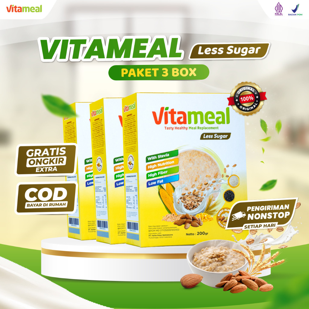 

VITAMEAL LESS SUGAR PAKET 3 BOX Multigrain Sereal Sehat Rendah Gula Membantu Menurunkan Kolesterol Hipertensi Sesak Nafas Menyehatkan Jantung Makanan Sehat bisa Untuk Diet Meal replacement oat Cemilan Pengganti Tanpa Efek Samping