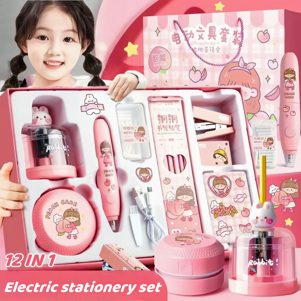 

12 IN 1 ELECTRONIC STATIONERY SET/Journal Stationary Set/Set Elektrik Stationery Otomatis/Serutan Pensil Penghapus Washi Tape Lucu