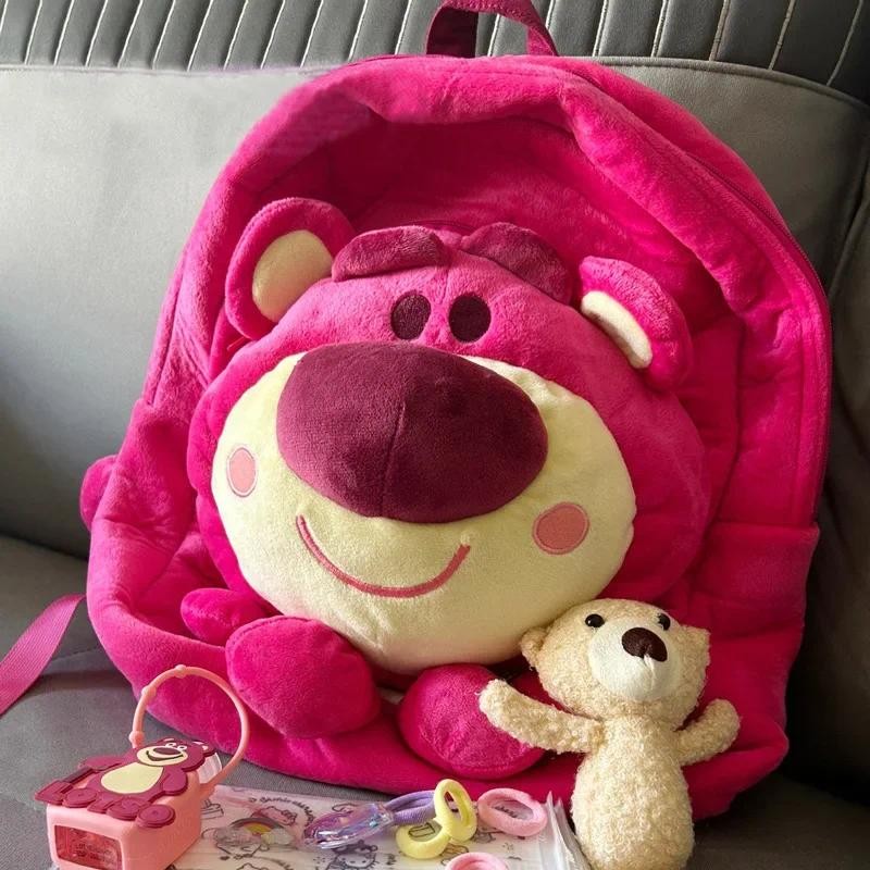 

Disney Cartoon Pink Strawberry Bear Backpack Student Cute Large Capacity Plush Backpack Children's Daily Travel Portable
