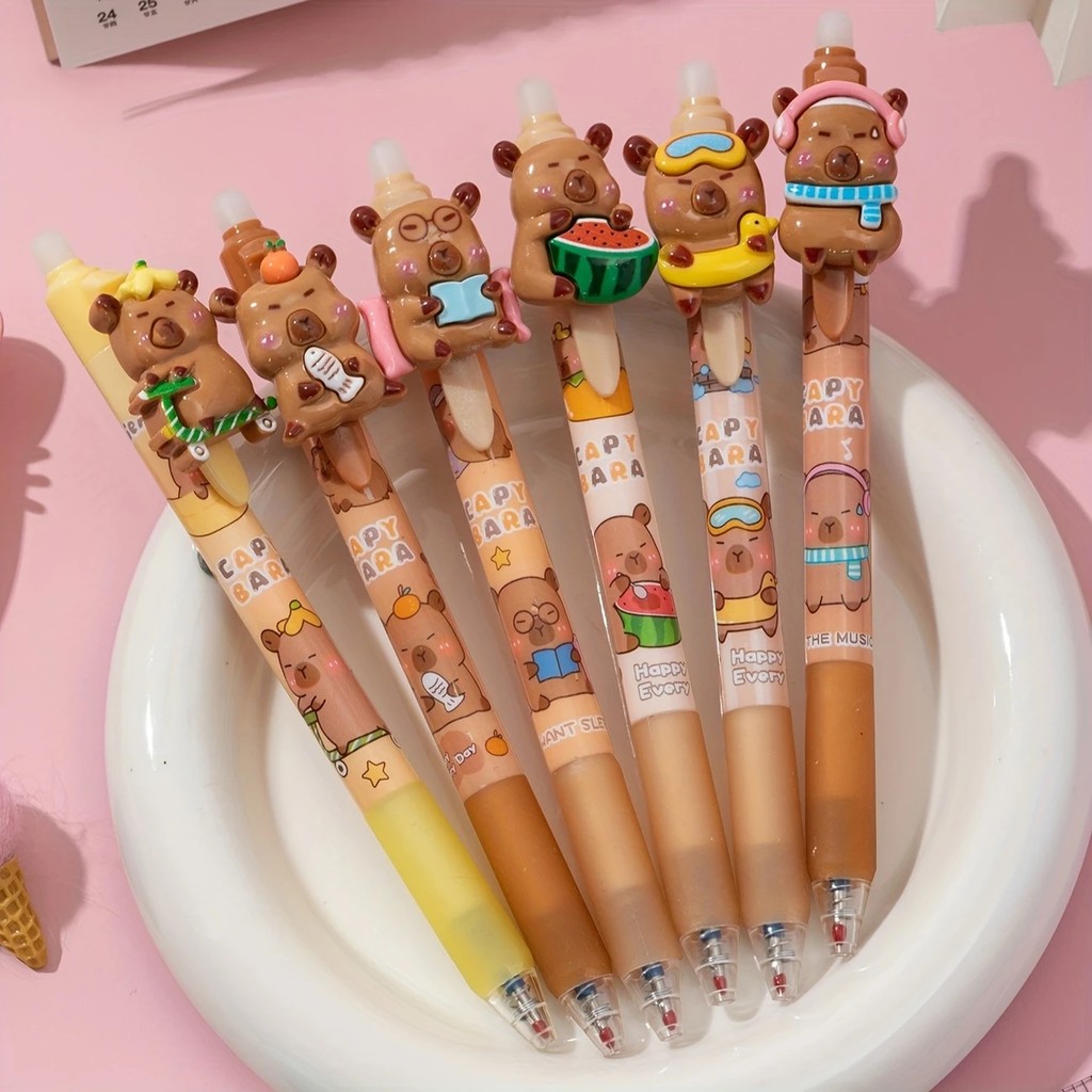 

6pcs Set of Cute Capybara Retractable Gel Pens Plastic Medium Point 0.5mm for Students Office Workers Animal Lovers