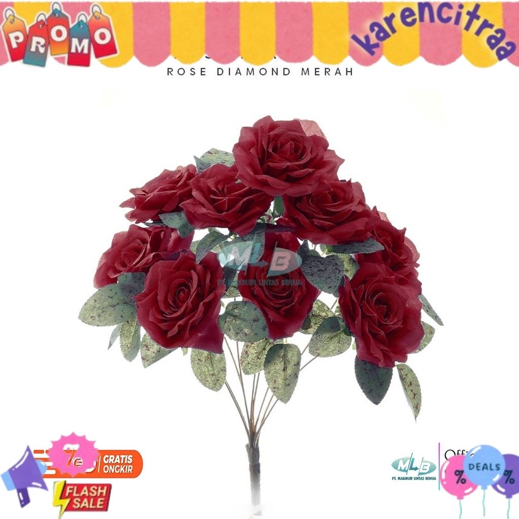 MLB Bunga Mawar Artificial Rose Diamond 9 Cabang Hiasan Dekorasi Buket Pelaminan ORDER NOW!!! MAKMUR