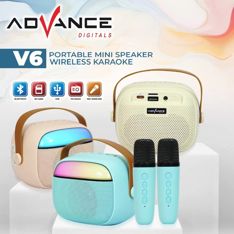 Advance V6 Speaker Bluetooth Karaoke Mini With 2 Mic RGB Hi-Fi Sound Speaker Portable