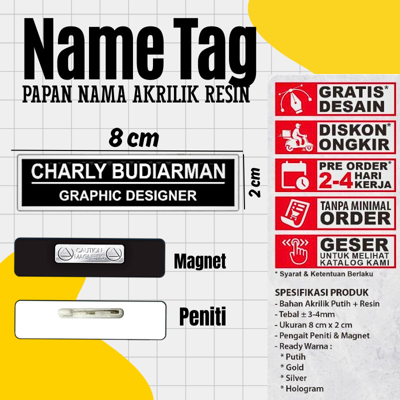 Name Tag Nama Dada Akrilik Magnet Peniti Gold Silver