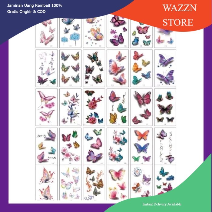 Wazzn- 1 set isi 17 lembar tato temporer berwarna tahan air model keren - kupu Y, 16 gambar random s