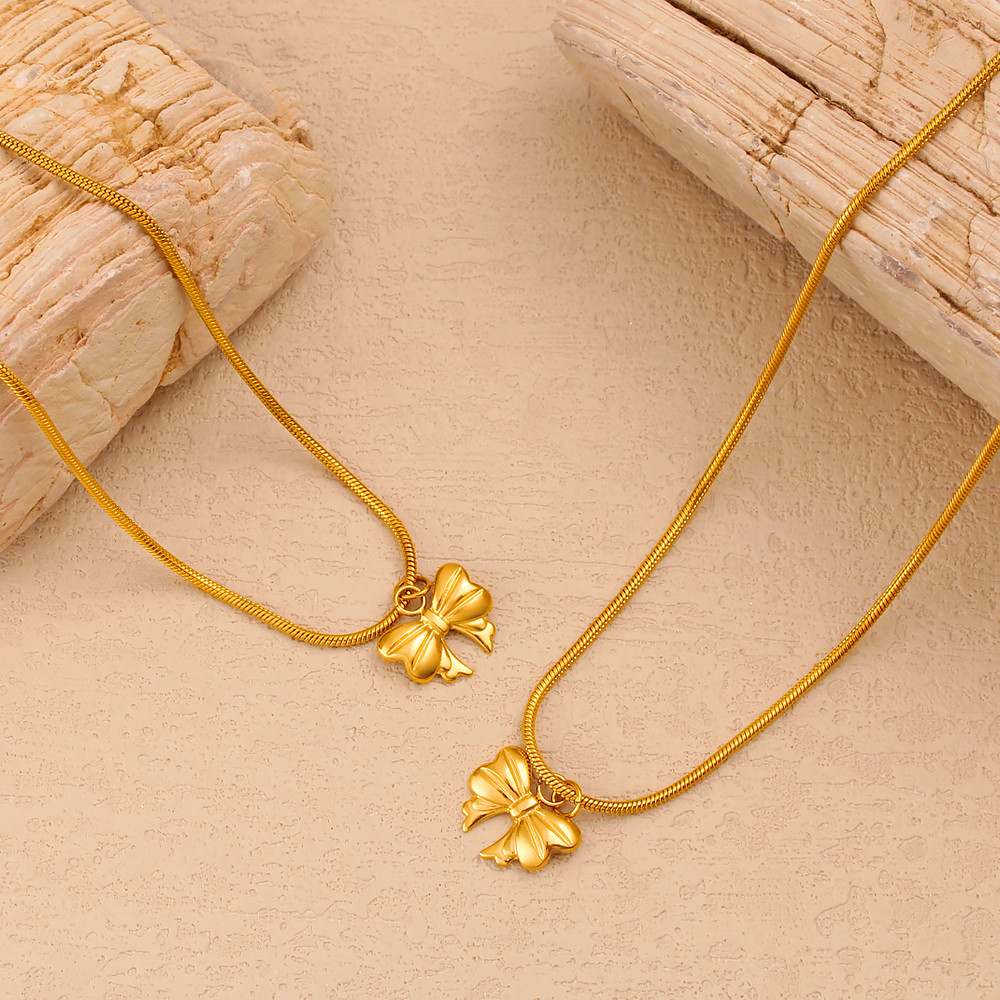 Yueshi Charm Stainless Steel Fashion Gold Plated Circle Snake Chain Golden Bow Pendant Necklace for 