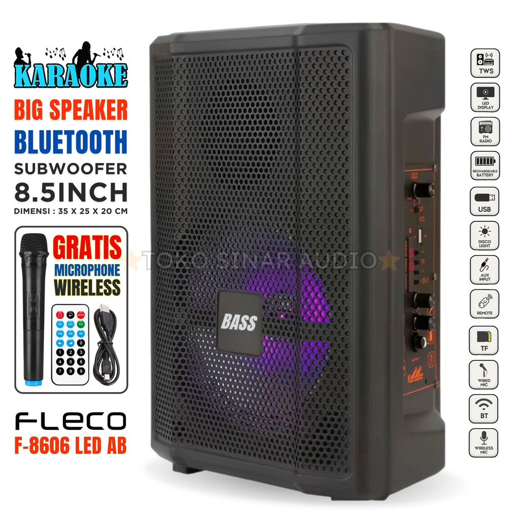 COD NEW Speaker Aktif Super Bass Bluetooth Karaoke FLECO F-8606 LED AB GRATIS MIC WIRELESS Karaoke S