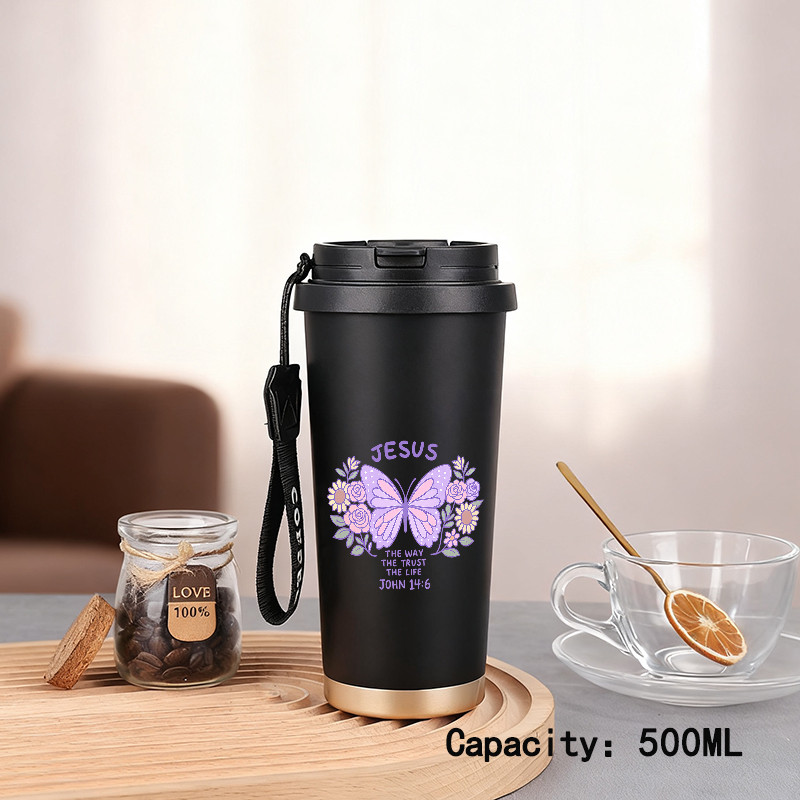 Butterflies and flowers  500ml dual-purpose cup for hot and cold drinks, portable insulated coffee c