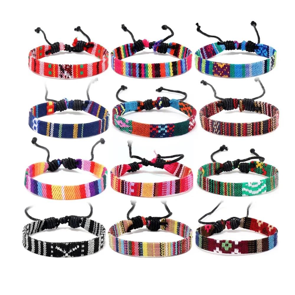 12Pcs Bohemia Colorful Bracelet Set For Women Nepal Ethnic Fabric Braided Rope Adjustable Bangle Men