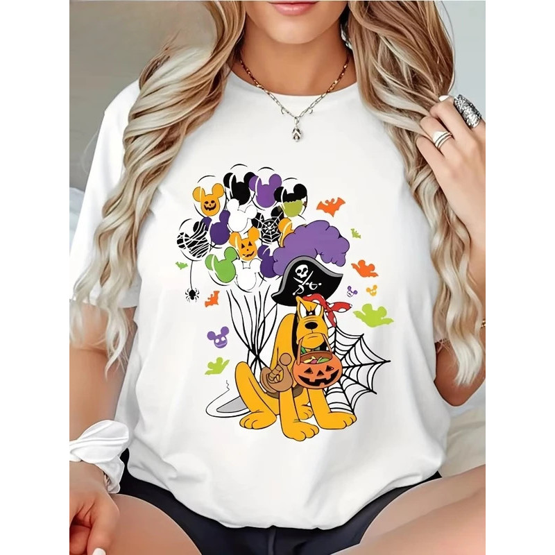Kaos Halloween Bajak Laut Wanita Lucu Pluto Mengenakan Kostum Bajak Laut dan Pola Kelelawar Hantu At