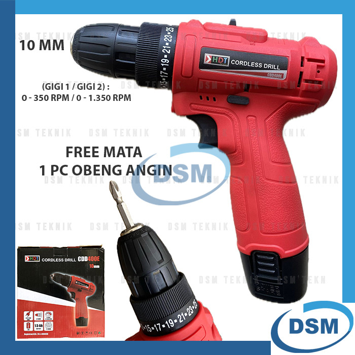 HDT CDD400E CORDLESS DRILL 10 MM 1 BATERAI 12V MESIN BOR TANGAN CAS LISTRIK BESI KAYU OBENG MURAH