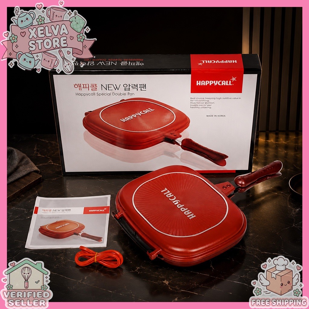 Double Pan Happy Call 32cm Merah Jumbo Grill Anti Lengket Teflon Tebal Panci Panggang Bolak Balik Se