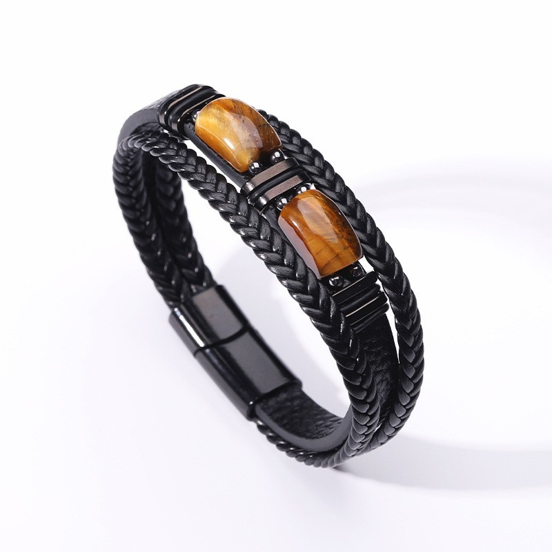 gelang kulit mata harimau premium bracelet aksesoris pria multi-lapis hitam