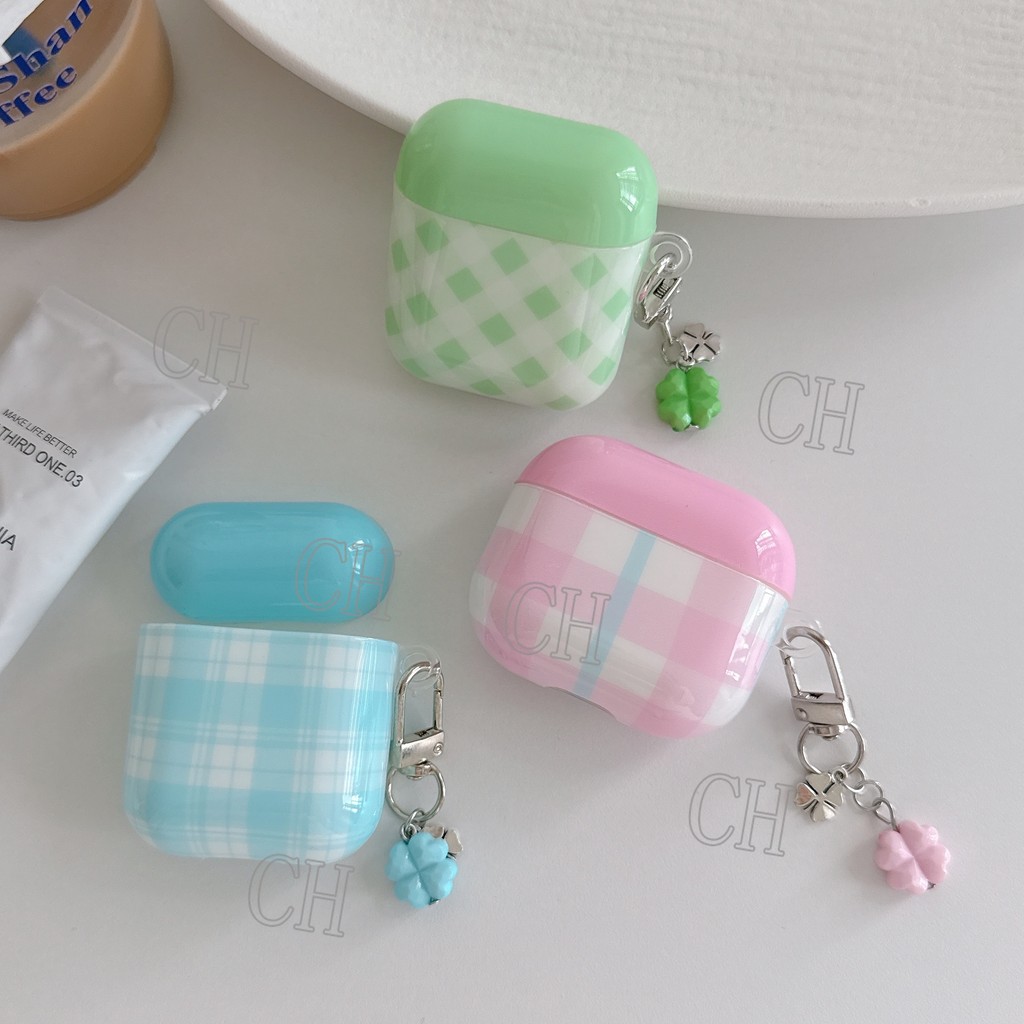 New Korean Macaron Color Blocked Grid Earphone Protective Case Light Green Light Blue Pink Mini Clov