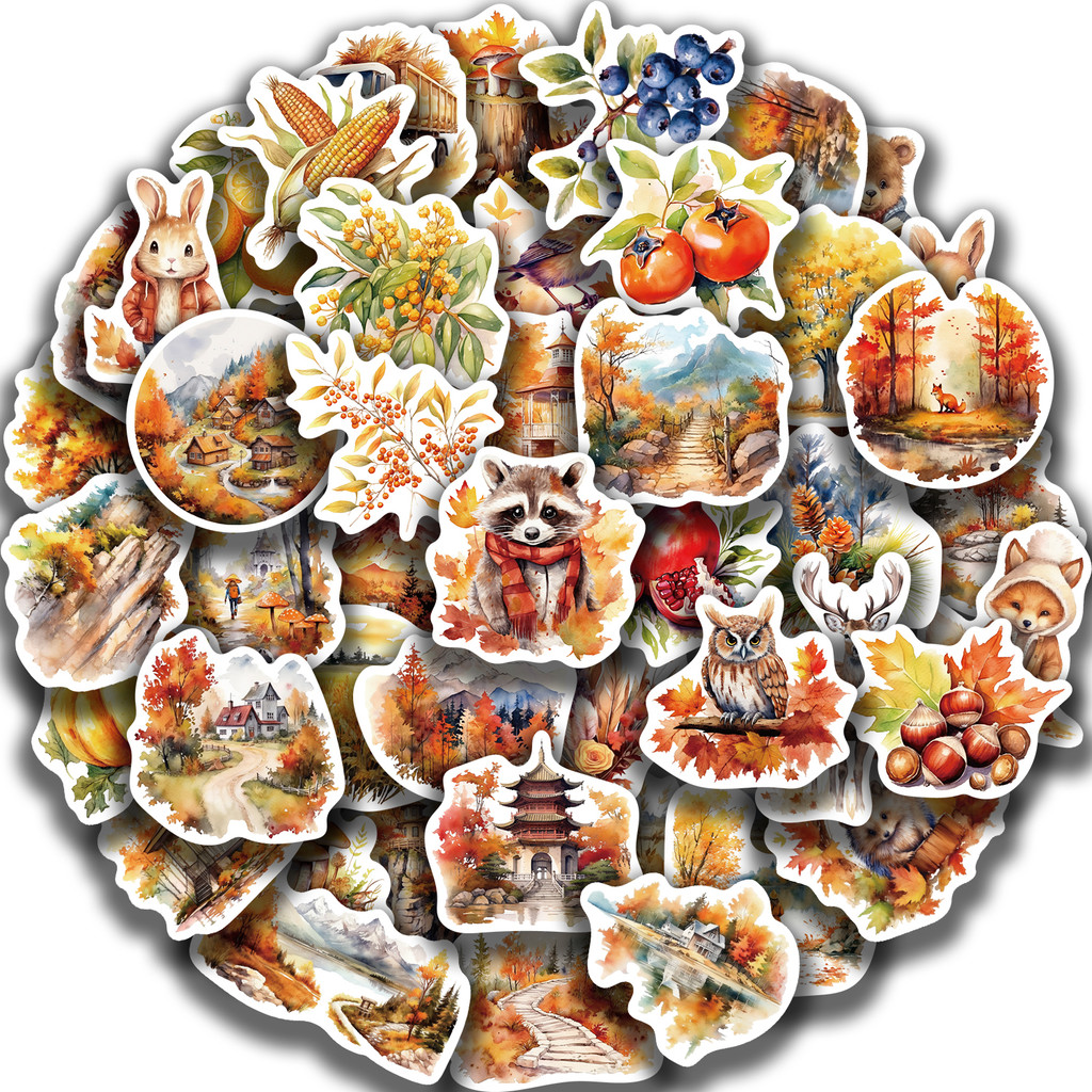 

50pcs Waterproof Graffiti Cute Cartoon Autumn Animals Foods Stickers For Laptop Water Bottle Luggage Notebook Vinyl Decals