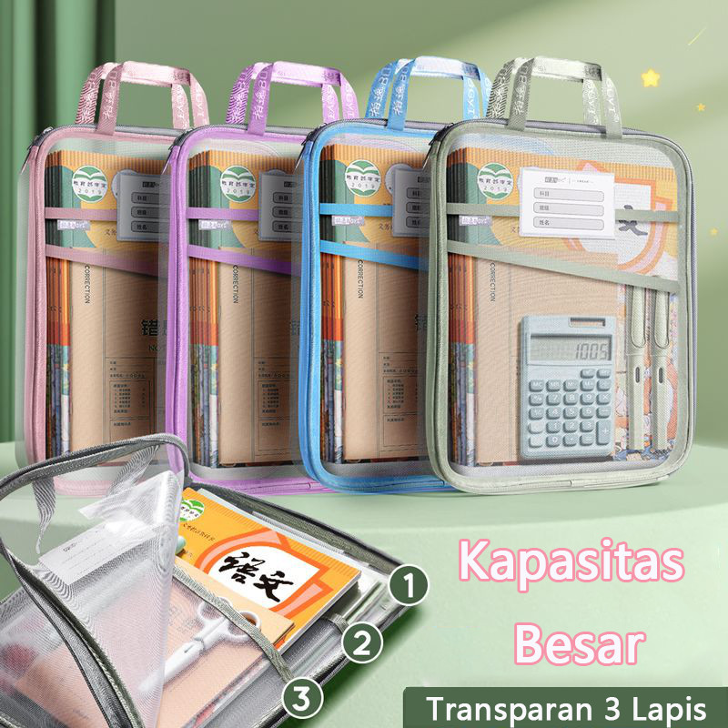 

New 3 Lapis Document Bag Transparan / Tas Folder Portabel Jaring Penyimpanan Kertas / File Holder Lucu / Map Dokumen / Tas Klasifikasi Buku TeksPremium