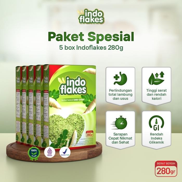

[ PAKET 5 BOX ] INDOFLAKES – Bubur Sereal Umbi Garut 5 Box | sarapan sehat bergizi | aman untuk maag & lambung sensitif | alternatif granola & oatmeal | original