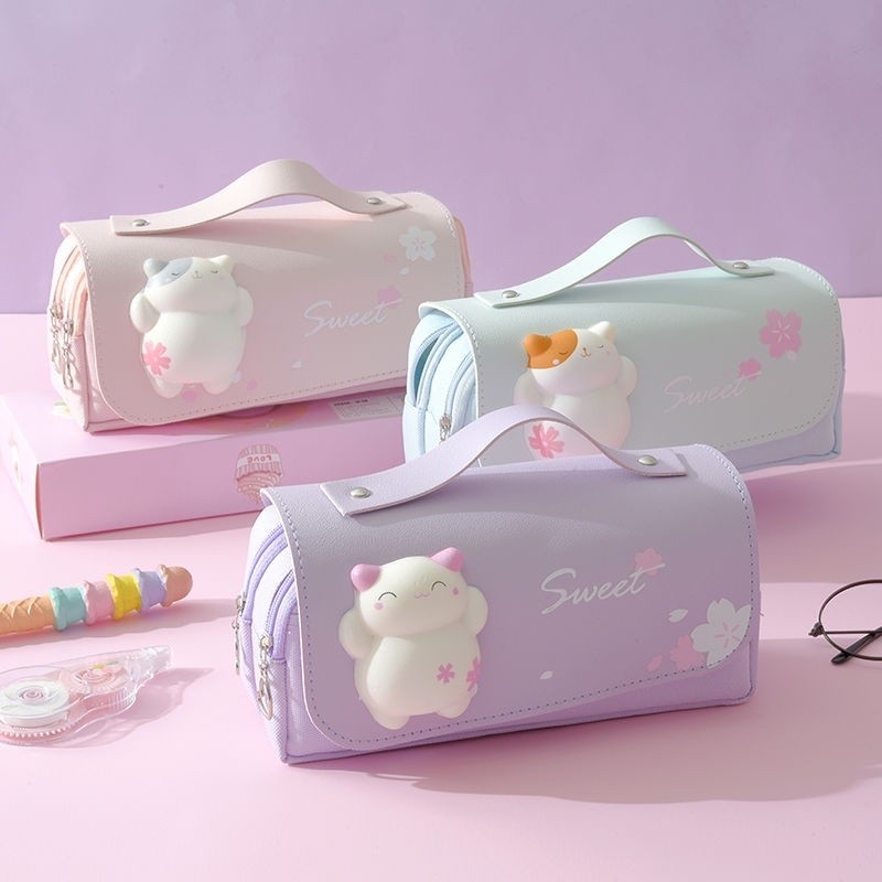 

Kartun tas pensil dekompresi/kapasitas besar siswa sekolah dasar tas pensil multifungsi dekompresi/cute girl heart 3D net pencil bag