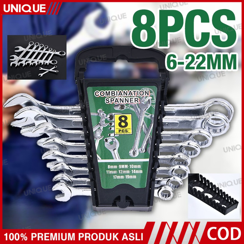 UNIQUE Kunci Ring Pas Set 8 Pcs 8-19mm 6MM - 22MM Kunci Ratchet Kunci Kunci Pas Set Perkakas Tangan 