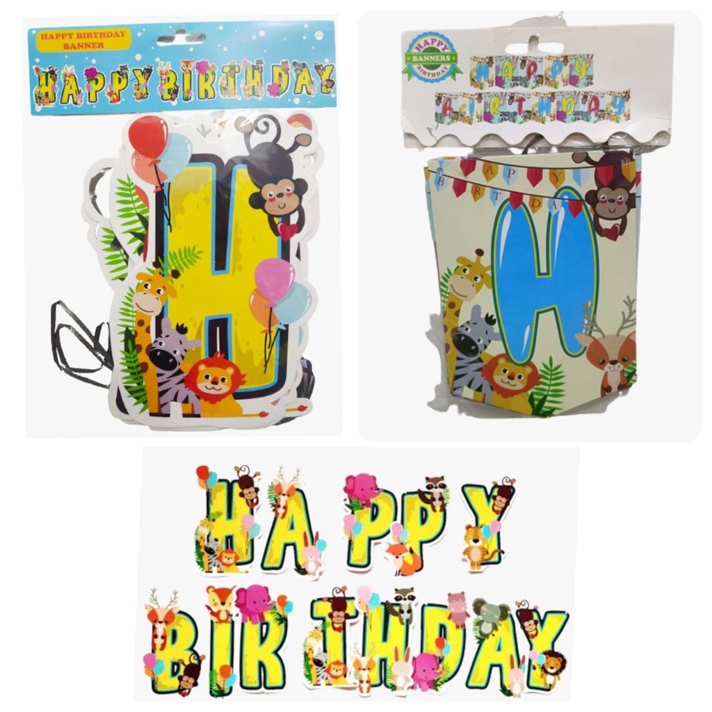 Banner Tulisan Happy Birthday Ulang Tahun ultah Anak Perempuan Laki Laki Karakter Animal Zoo Murah