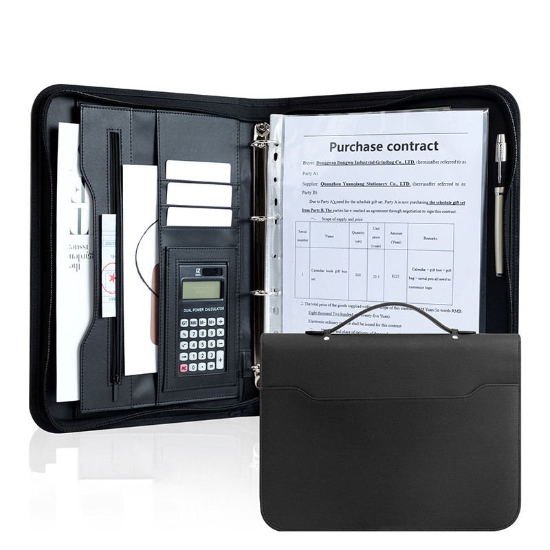 

Black Superior Vegan Business Portfolio with Zipper – Presentation Slot, Solar Calculator, Card Storage, Writing Pad
