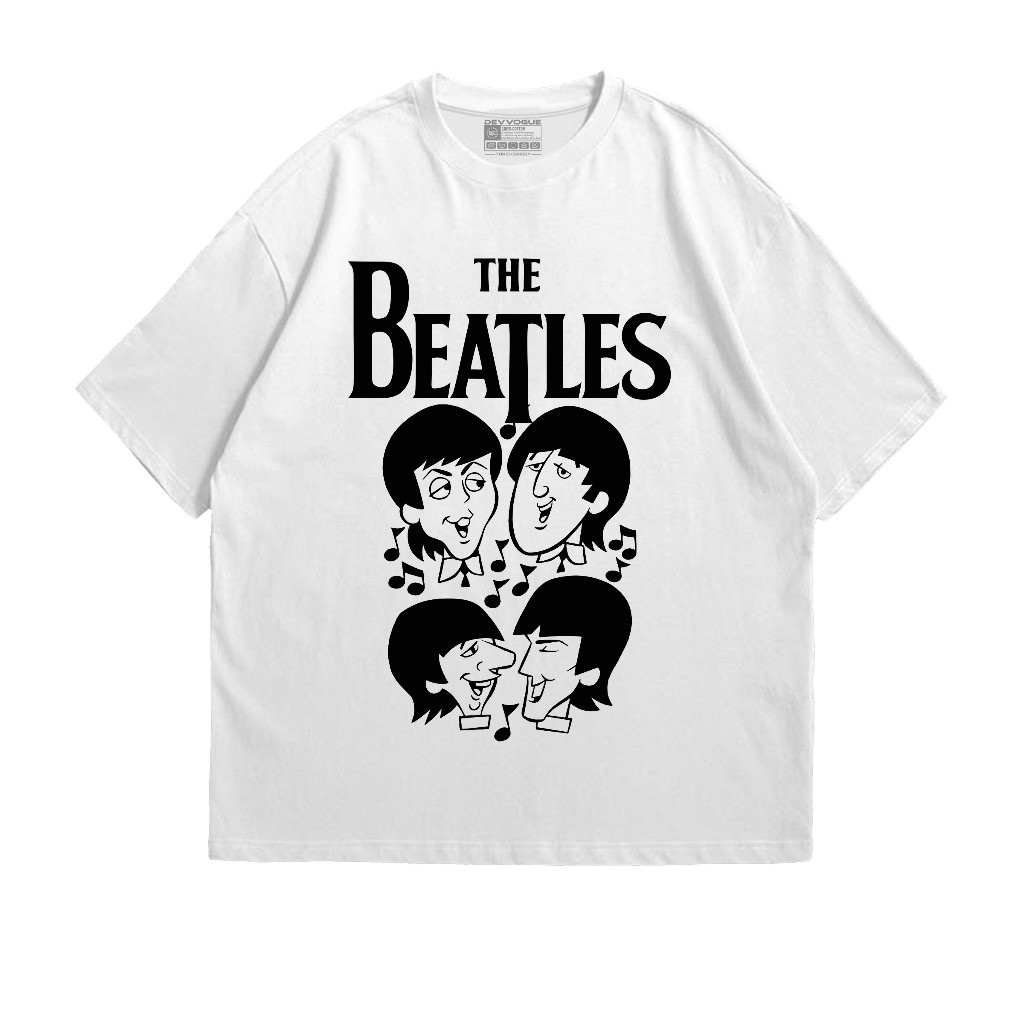 Aolshirt Kaos Putih The Beatles Cartoon T shirt Band Bahan Combed 24s