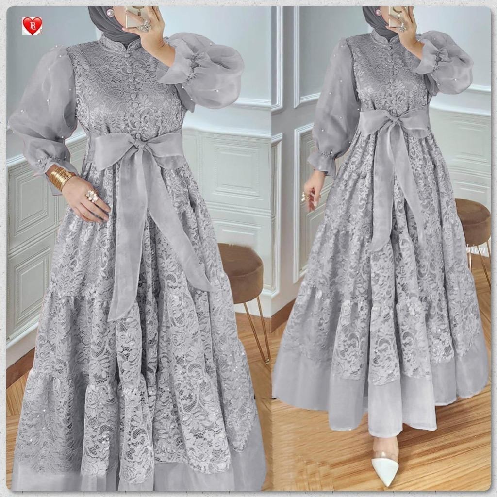 HOT COD Gamis brukat / Gamis Brukat kombinasi Organza Mutiara / Gamis Organza kombinasi / Gamis