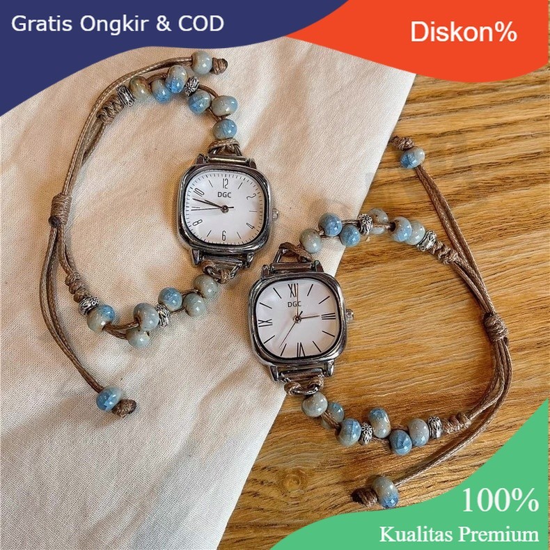 Diskon Besar Jam Tangan Wanita JW409 Kotak  Serut Aksen Manik Gelang Tali Jam Analog Wanita Quartz C