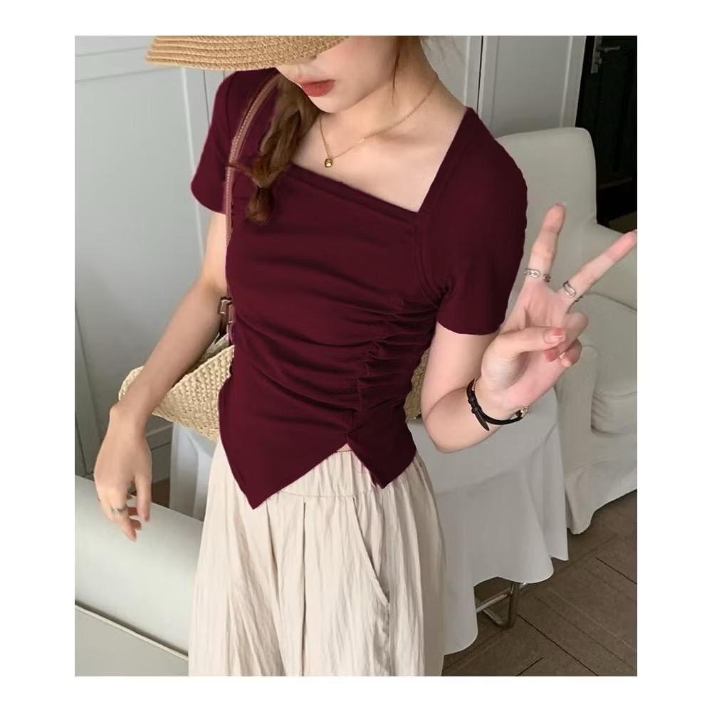 Crop Lengan Pendek Kerah Kotak Korean look Crop Kerut 6052