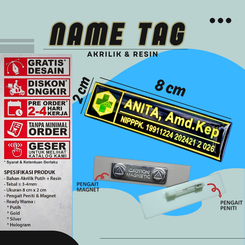 Name Tag Nama Dada Akrilik Magnet Peniti Gold Silver