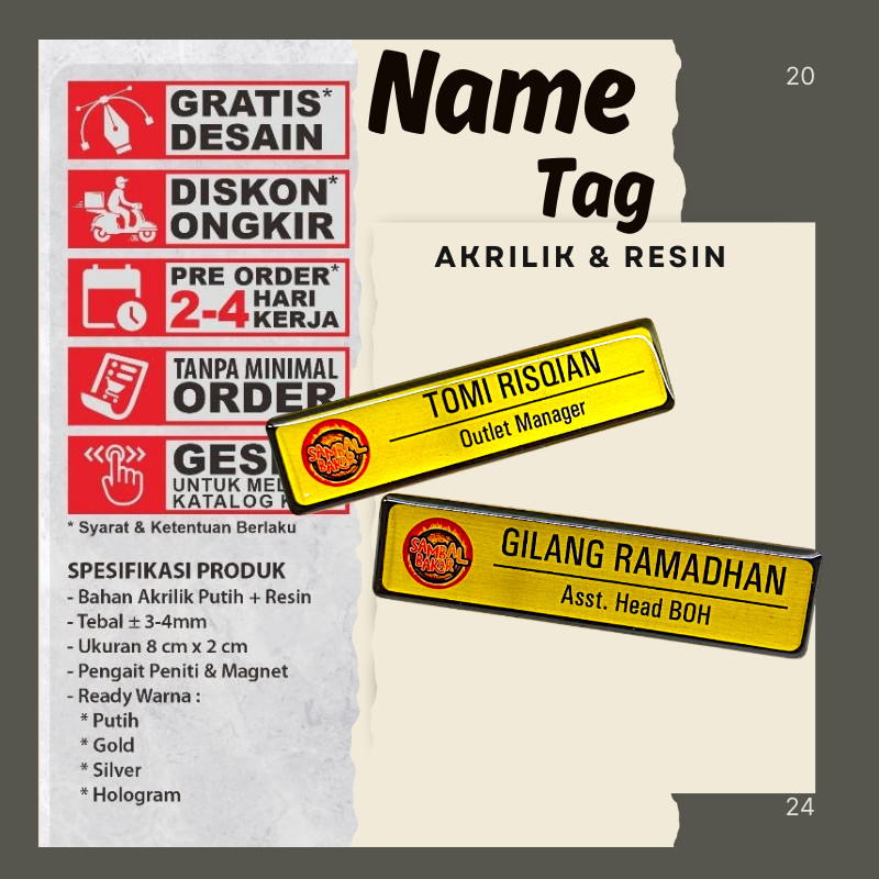 Name Tag Nama Dada Akrilik Magnet Peniti Gold Silver