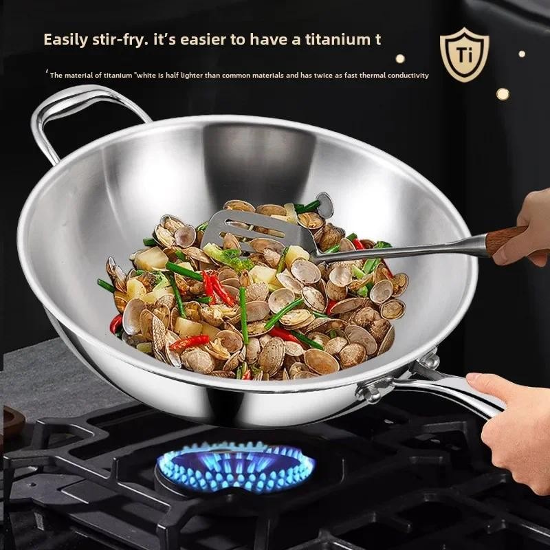 Titanium pan Pure titanium wok Household uncoated pan Non-stick pan Gas stove Induction cooker Unive