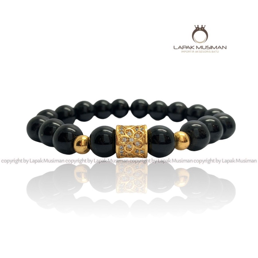 Gelang Batu Giok Hitam Black Jade Kombinasi Emas Hongkong Tabung