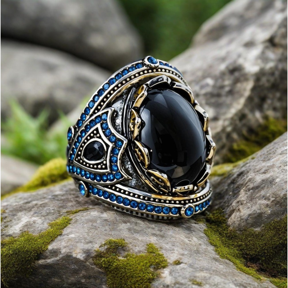 Cincin Pria Gahar Perak Emas Kristal Safir Hitam Akik Titanium Baja Desain Perisai Fashion Perhiasan