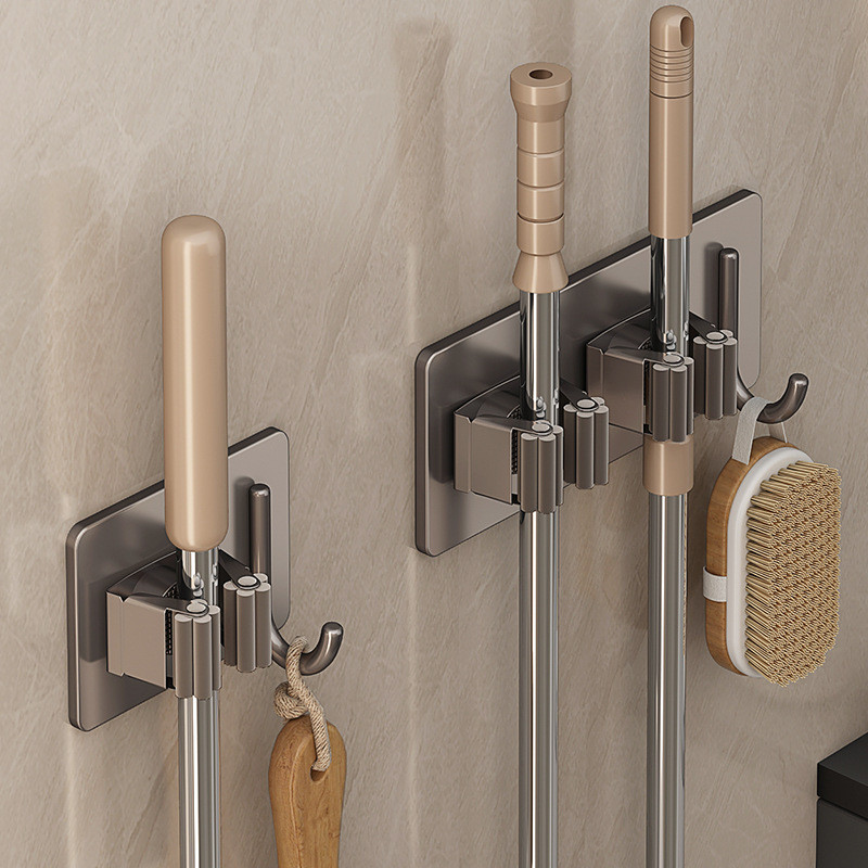 304 Stainless Steel Mop Holder Wall Mounted Adhesive Multi-Purpose Hooks Household Storage Organizer