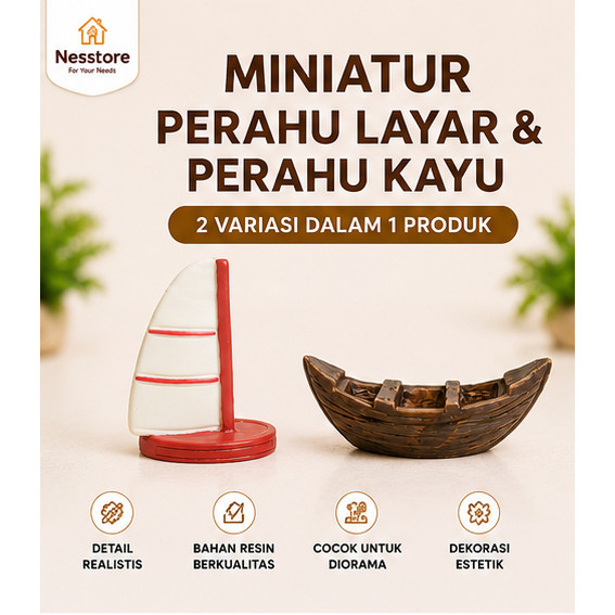 Miniatur Perahu Resin Dekorasi Meja & Terrarium | Perahu Kayu dan Perahu Layar Mini untuk Diorama Ko