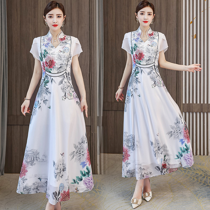 20266v Gaun wanita baru musim panas Cheongsam berdiri pemimpin cetak