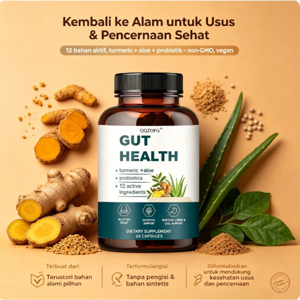 QQZOFG Gut Health 60 Kapsul Buaya Kunyit Vera Probiotik 12 Bahan Aktif Mendukung Pencernaan dan Keke