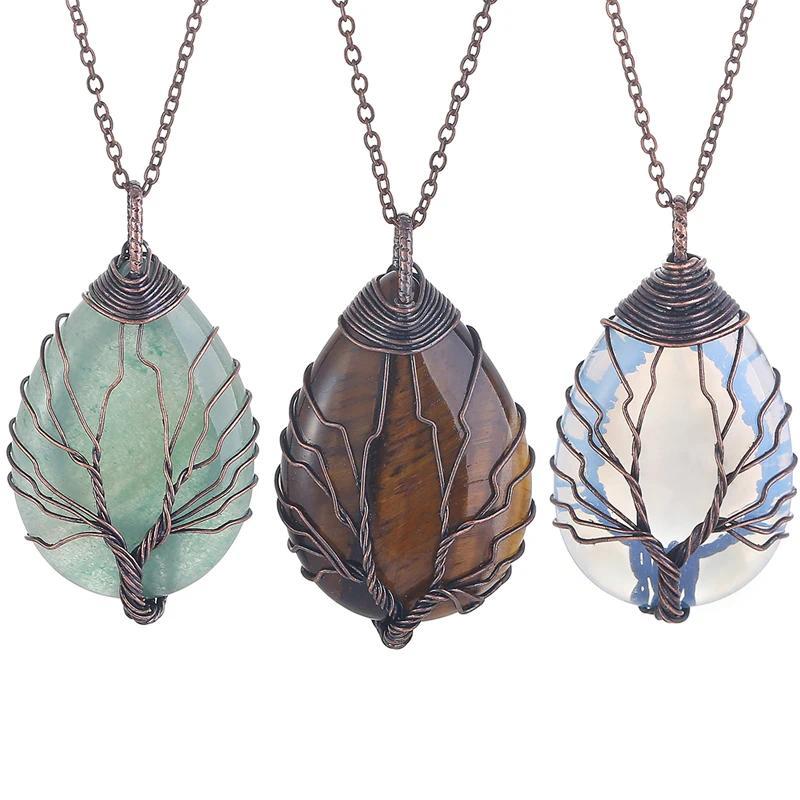 Tree of Life Crystal Pent for Women Handmade Bronze Wire Wrap Water Drop Necklace Rose Quartz Tiger 