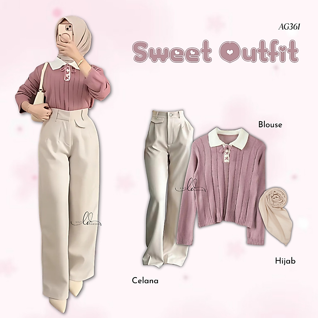 Setelan 3in1 Korean Style Sweater, Celana, dan Hijab untuk Wanita AG361