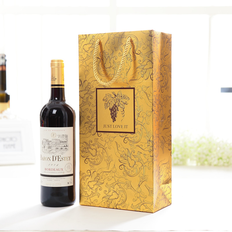 

Wine Bag Golden UV Double Bottle Carries With Printing Laminated Paper Bags Package Candy Gift Holder Party Wedding Event Bags