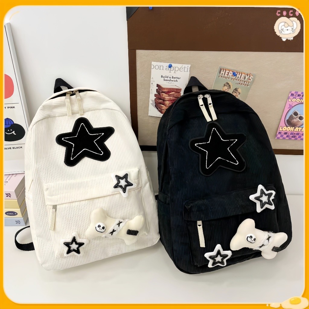 FASWEFA_SHOP  Tas sekolah ins bintang lucu wanita/Tas Sekolah Korduroy/Jepang Korea Fashion Y2K/Tas 