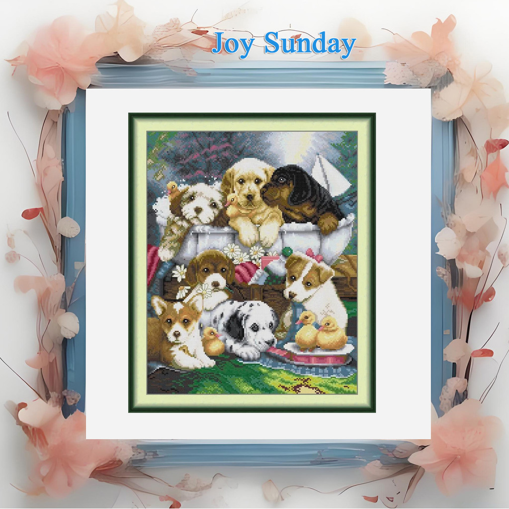 

Joy Sunday Pre-printed Cross Stitch Kit Easy Pattern Aida Stamped 14CT/11CT/16CT Fabric Full Embroidery Set-Dog Family