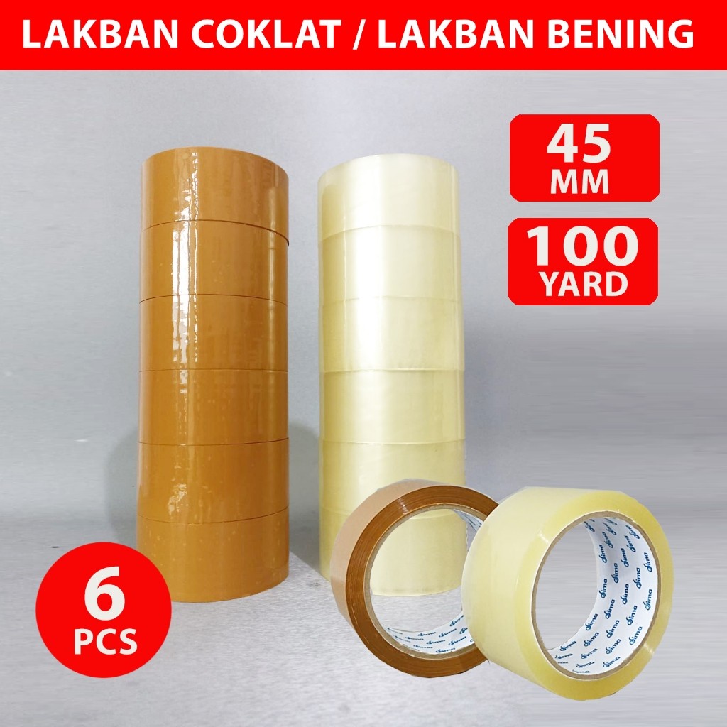 

6 pc Lakban Bening 100yard 2inch SM Online / Lakban Coklat 45 mm 100y OPP Tape