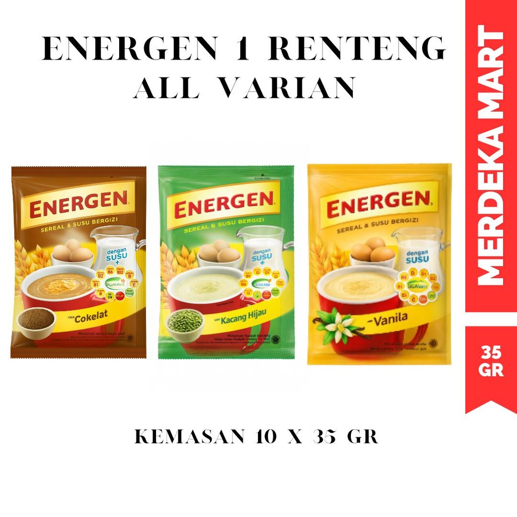 

ENERGEN SEREAL 35 GR ALL VARIAN COKELAT KACANG HIJAU VANILA