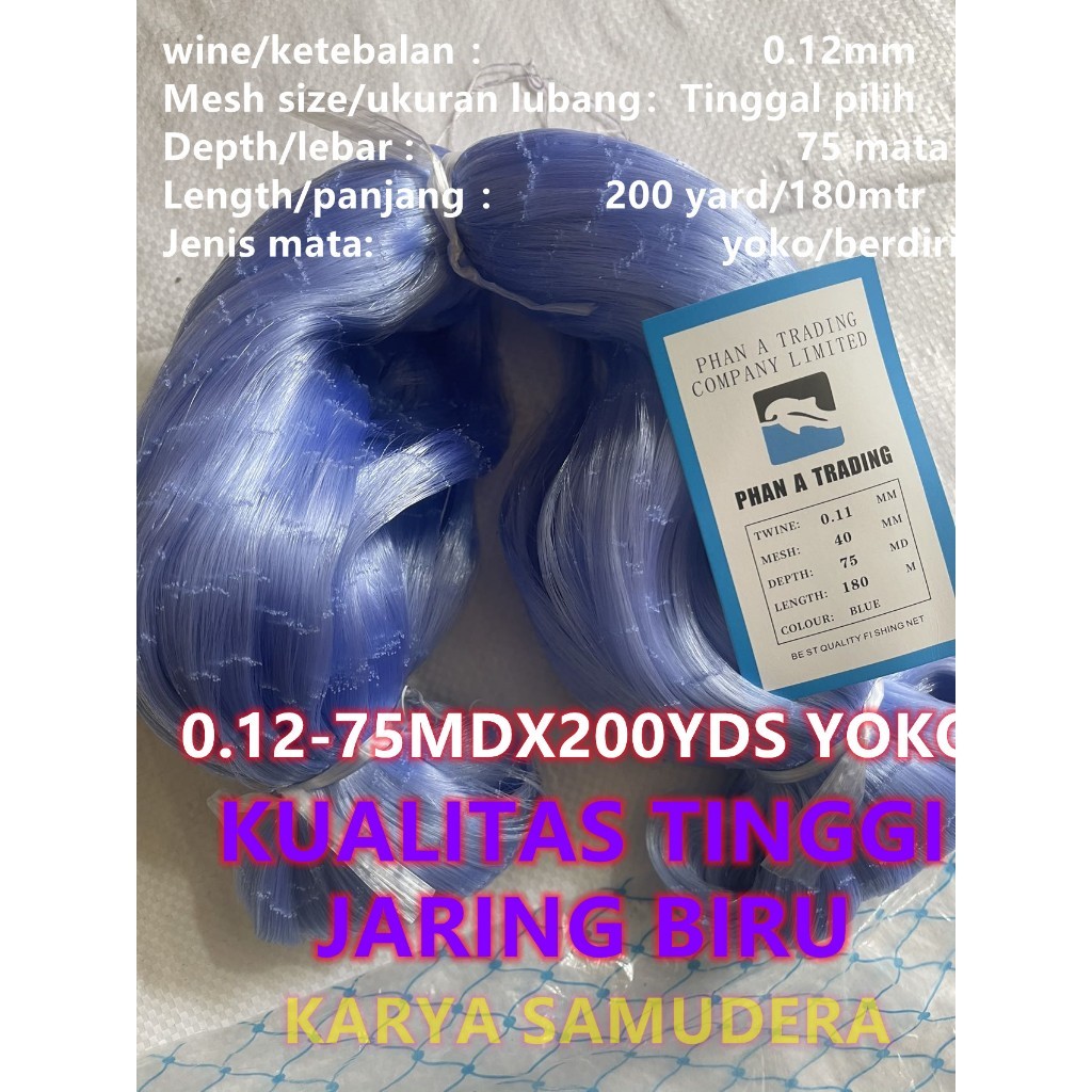 Jaring biru panjang180meter senar  jaring ikan 012mm 75mdx200yds yoko ukuran lubang tinggal pilih