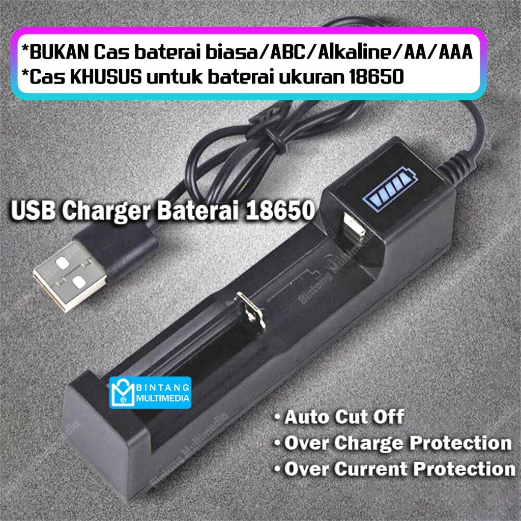 Charger USB Baterai 18650 Auto Cut Off Otomatis Cas Batre isi Ulang Led Indikator 1 Slot Adaptor Pen
