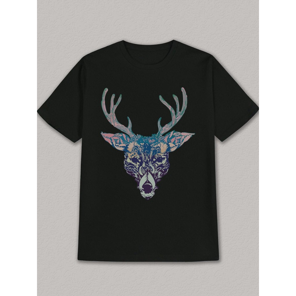 Kaos Pria Motif Rusa Kasual Musim Panas - Kaos Katun Tipis Warna Hitam Biru Ungu, Model Regular Fit,