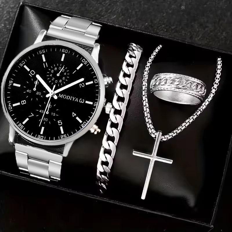 Jam Tangan Pria Dial Bulat Tali Stainless Steel Tali Kalung Gelang Cincin Bisnis Kasual Jam Tangan P